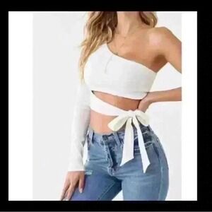 Better Be Womens One Shoulder Long Sleeve Wrap Crop Top Purple Size M